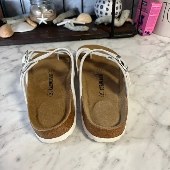 DO NOT PURCHASE.  SOLD Cushionaire White Sandals with Buckles 7W worn once - Picture 4 of 7